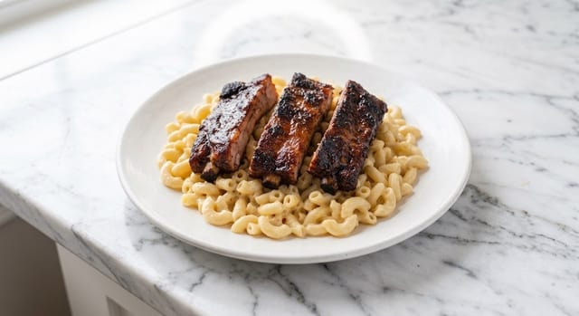 Mac & BBQ Ribs (Elbow pasta in creamy cheesy Alfredo sauce with BBQ ribs, 4 pcs).