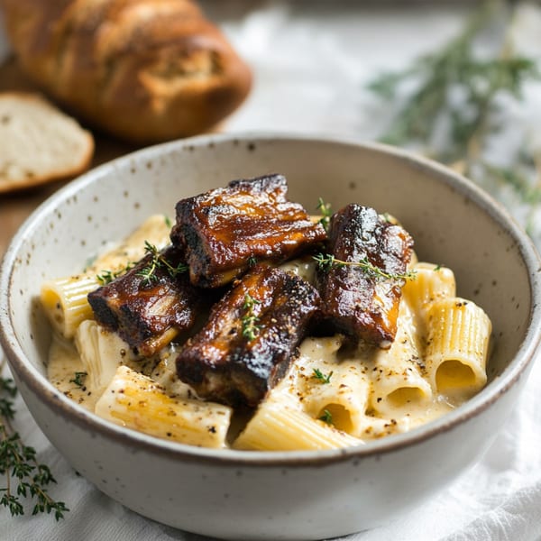Z Pastabar's rigatoni pasta with creamy sauce, topped with glazed short ribs and fresh thyme.