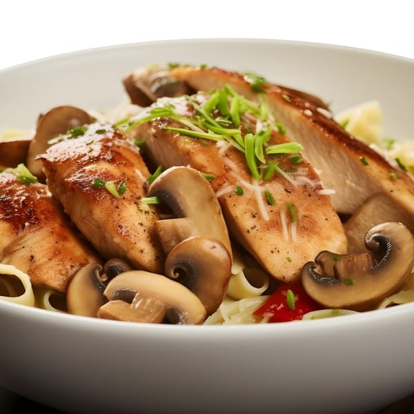 Z Pastabar's chicken and mushroom pasta, garnished with fresh herbs and grated cheese.
