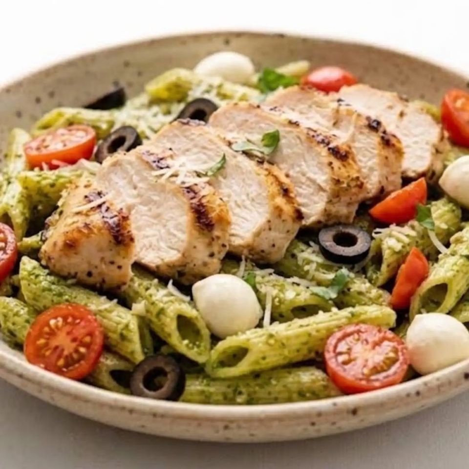 Mediterranean salad with grilled chicken, romaine lettuce, tomatoes, black olives, cucumber, and mozzarella balls in a ceramic bowl.