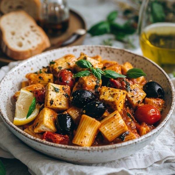 Z Pastabar's rigatoni pasta with feta, olives, cherry tomatoes, and basil, served with bread.