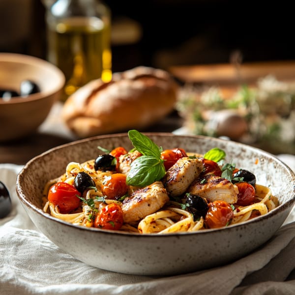 Z Pastabar's chicken pasta with cherry tomatoes, black olives, and basil in a rustic bowl.