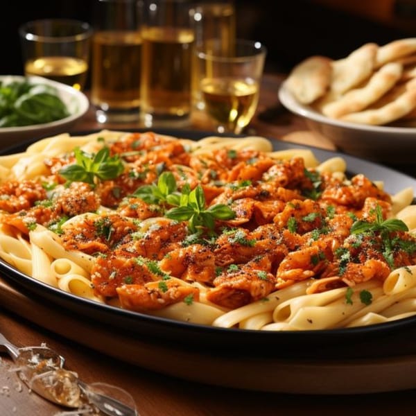 Z Pastabar's penne pasta with creamy tomato sauce, garnished with fresh basil and parmesan.