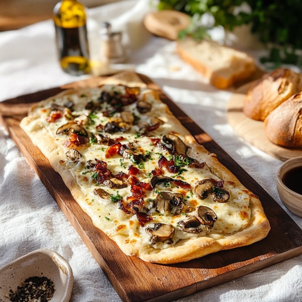 A rectangular flatbread pizza with melted cheese, mushrooms, and bacon bits on a wooden board.