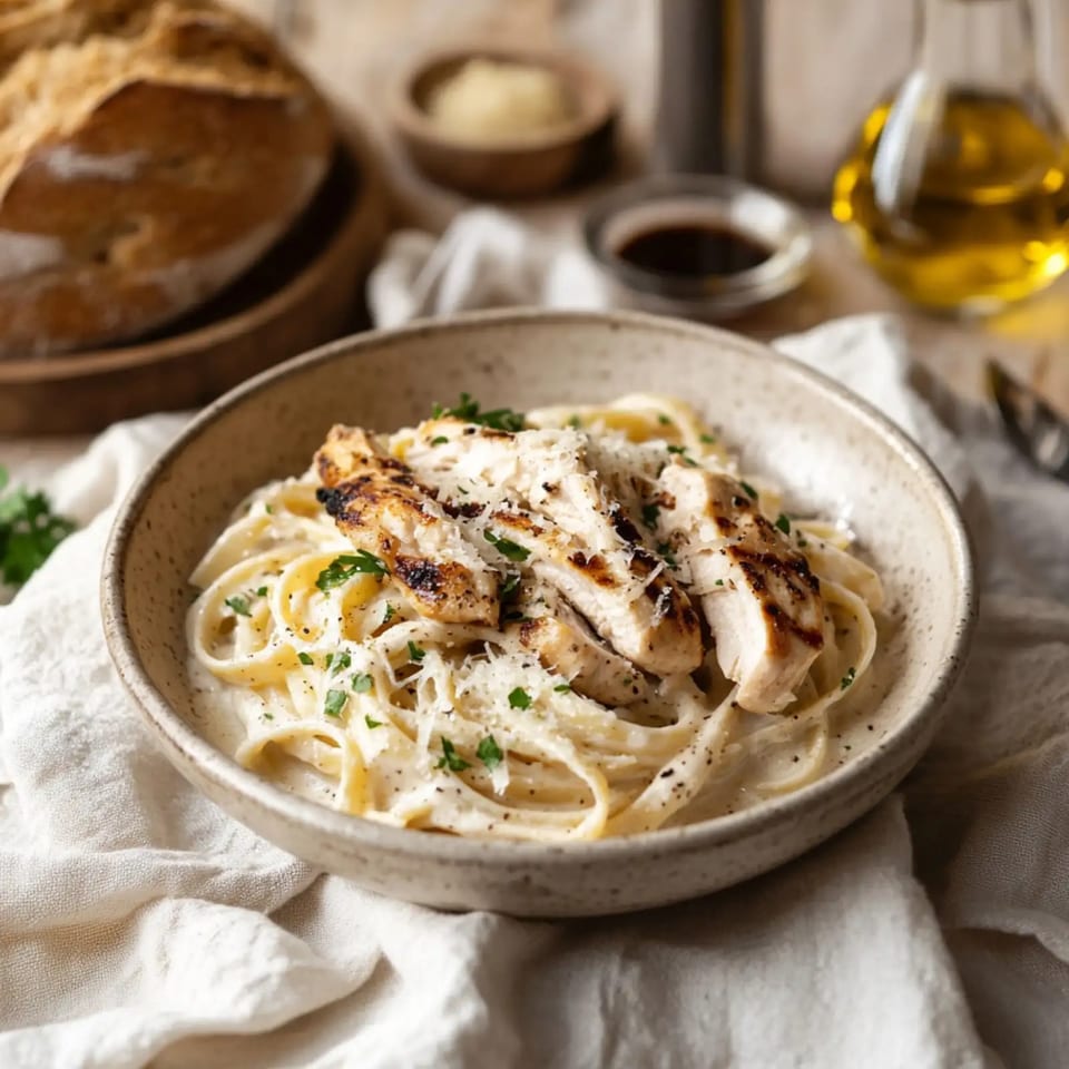 Creamy fettuccine Alfredo topped with grilled chicken, Parmesan, parsley, and lemon, served in a rustic bowl.