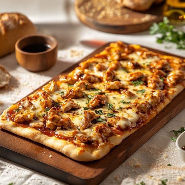 Z Pastabar's rectangular chicken pizza with melted cheese and sauce on a wooden board.