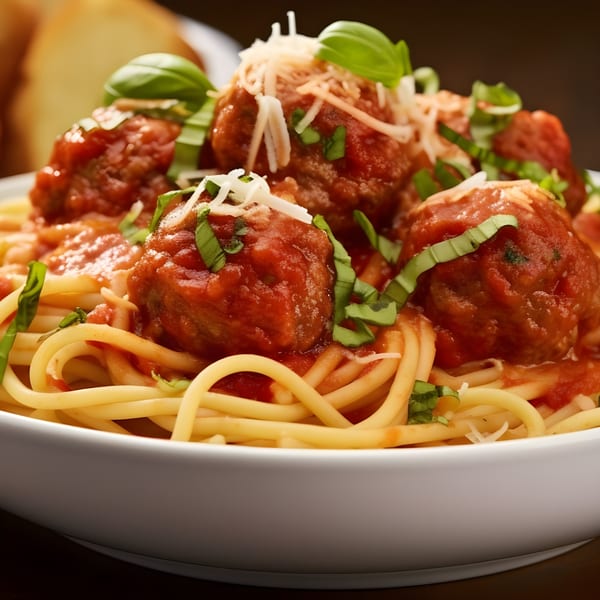 Z Pastabar's spaghetti and meatballs, topped with rich red sauce, fresh basil, and grated cheese.