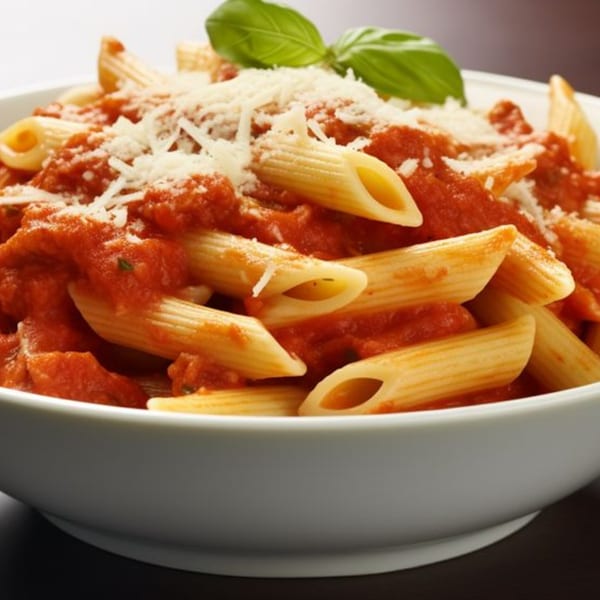 Penne pasta with red tomato sauce, grated cheese, and a basil leaf in a white bowl.