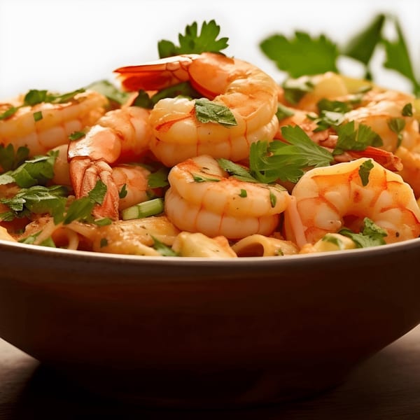 Close-up of Z Pastabar's shrimp pasta dish, garnished with fresh parsley in a brown bowl.