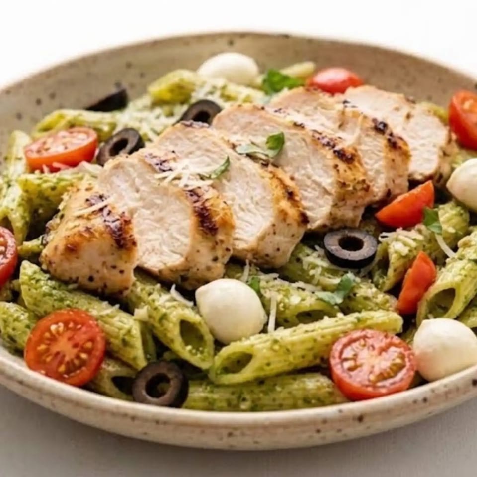Mediterranean salad with grilled chicken, lettuce, tomatoes, black olives, cucumber, and mozzarella pearls in a ceramic bowl.