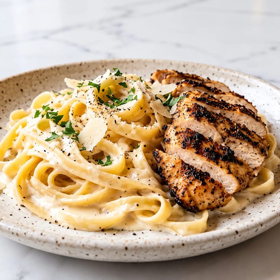 Creamy fettuccine Alfredo topped with grilled sliced chicken, parsley, black pepper, and shaved Parmesan on a speckled plate.