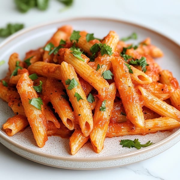Penne pasta with red sauce and fresh parsley on a light-colored plate.