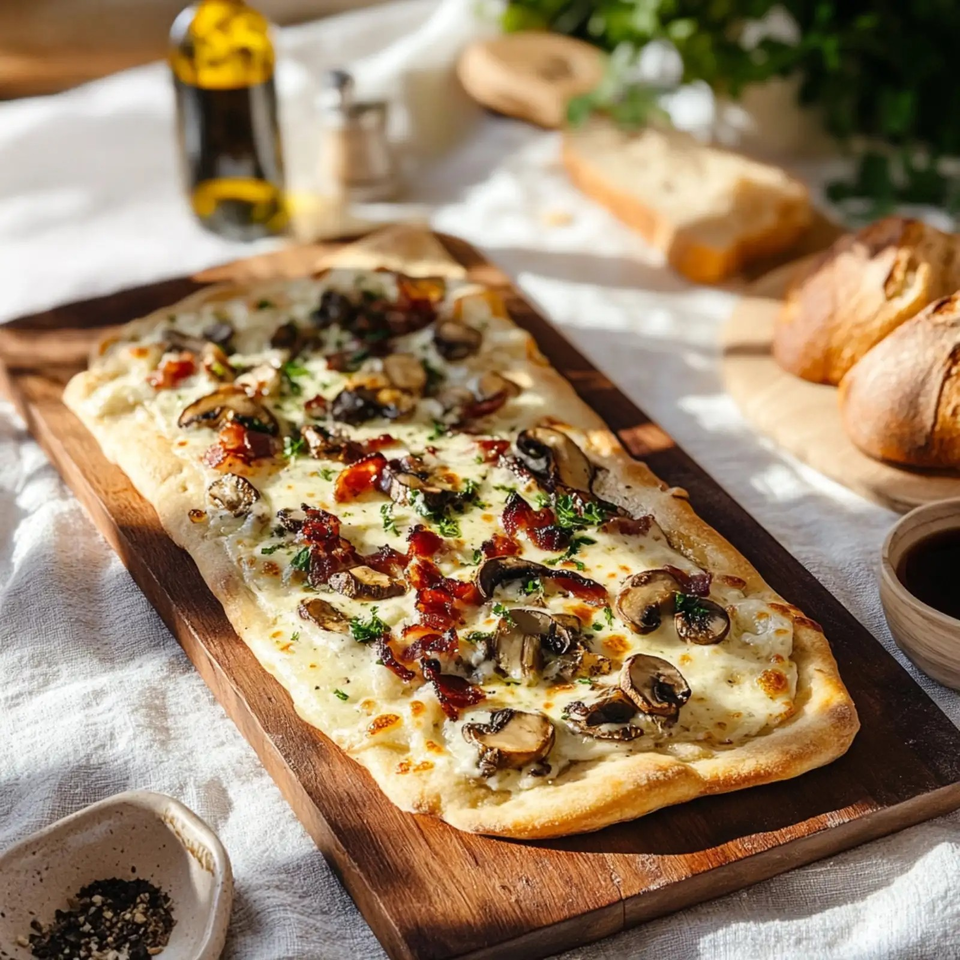 Rectangular flatbread topped with melted cheese, mushrooms, sun-dried tomatoes, and herbs on a wooden serving board.