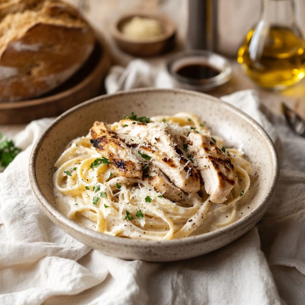 Z Pastabar's creamy fettuccine alfredo with grilled chicken, parmesan, and parsley, served with bread.