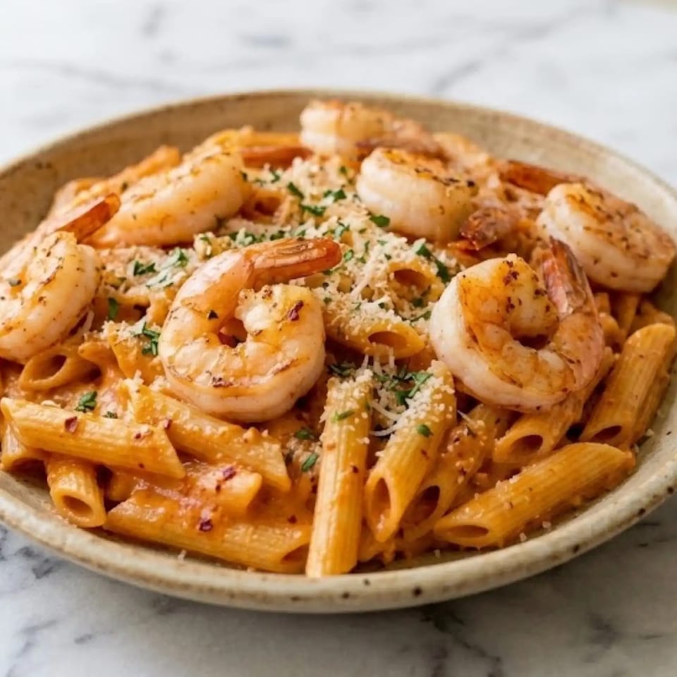 Baked penne pasta topped with shrimp, grated cheese, herbs, and red sauce served in a rustic ceramic dish.