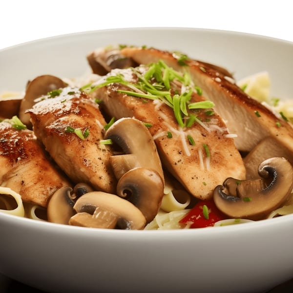 Z Pastabar's chicken and mushroom pasta, garnished with fresh herbs and grated cheese.
