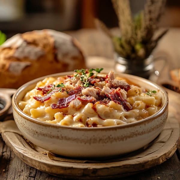 A bowl of Z Pastabar's creamy mac and cheese, topped with crispy bacon and fresh herbs.