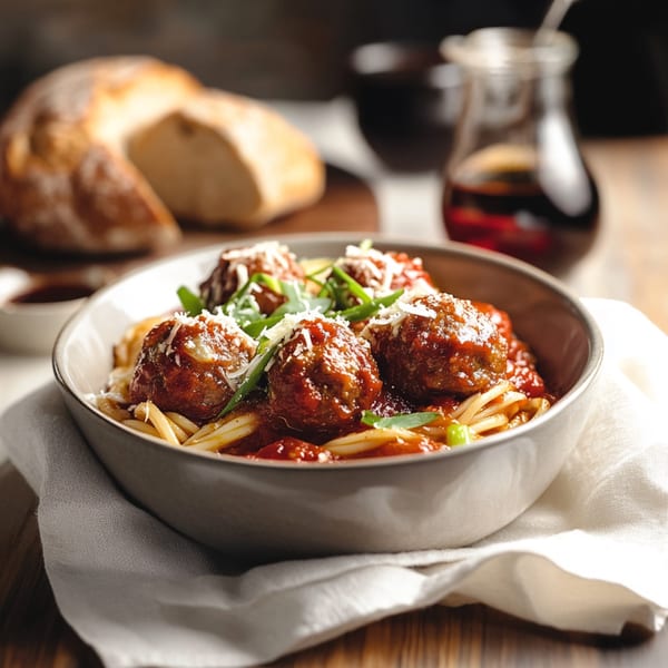 Z Pastabar's spaghetti and meatballs with sauce, parmesan, and fresh herbs, served with bread.