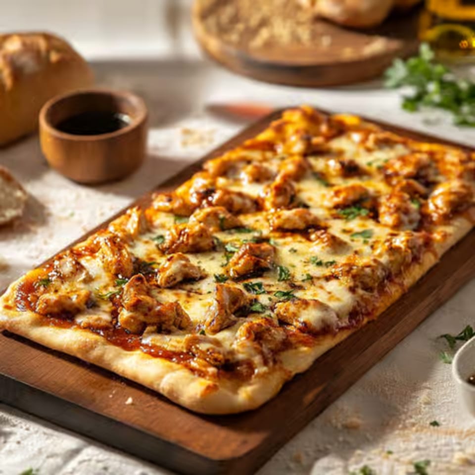Rectangular cheesy flatbread topped with grilled chicken and herbs on a wooden board, served with dipping sauce.