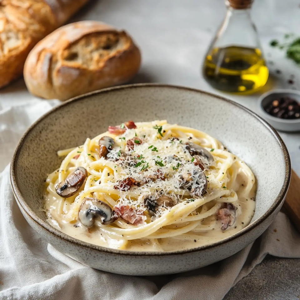 Creamy spaghetti with mushrooms, bacon, grated cheese, herbs, and black pepper served in a rustic bowl with bread and olive oil.