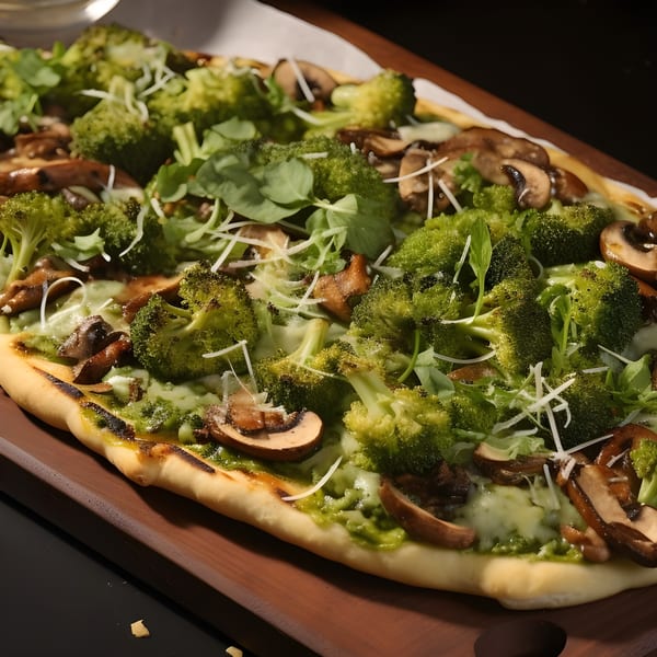 Z Pastabar's flatbread with broccoli, mushrooms, pesto, and shredded cheese on a wooden board.