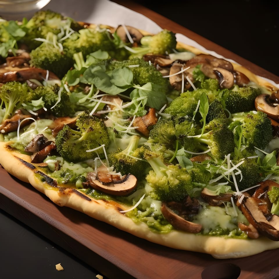 Z Pastabar's flatbread with broccoli, mushrooms, pesto, and shredded cheese on a wooden board.