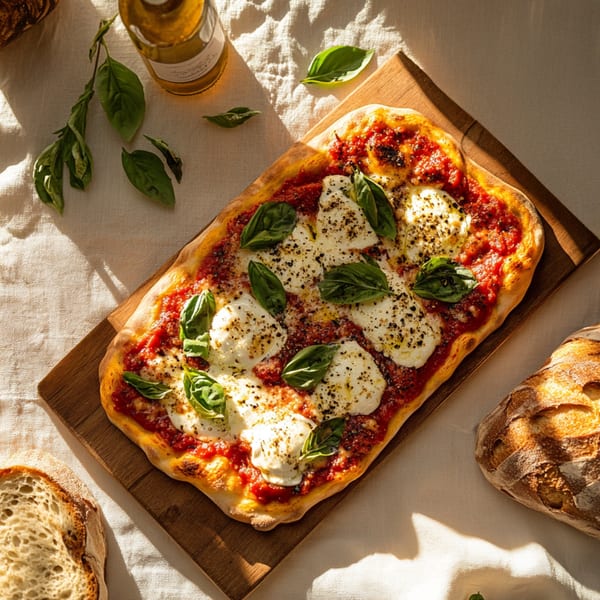 A rectangular Z Pastabar pizza with fresh mozzarella, basil, and tomato sauce on a wooden board.