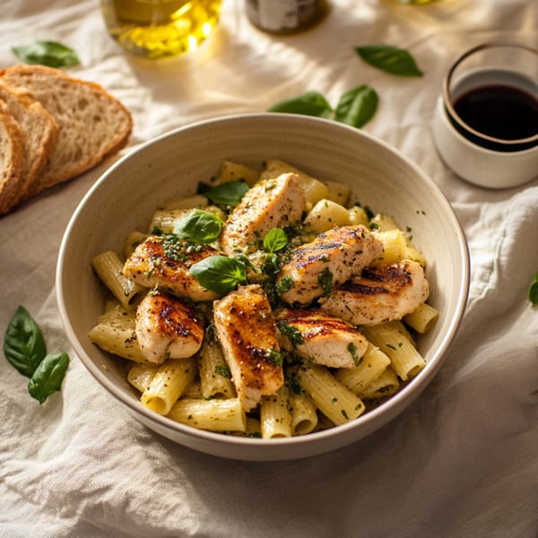Z Pastabar's pesto pasta with grilled chicken, fresh basil, bread, and olive oil.