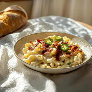 Bacon Jalapeño Mac and Cheese (Elbow macaroni, cheesy Alfredo blend, bacon, jalapeños, onions, and bell peppers)