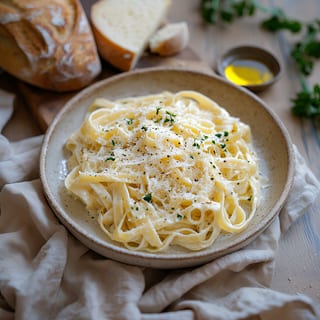 Fettuccine Alfredo (Fettuccine in Homemade Alfredo sauce topped with fresh Parmesan cheese)