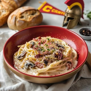 Cardinal Carbonara (Pasta, Pancetta, Alfredo Sauce, Mushrooms, Parmesan)
