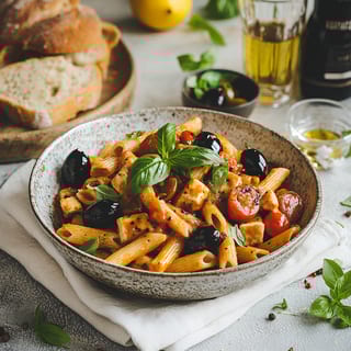 Vegan Pasta (Pasta, Tofu, Tomato Sauce, Fresh Basil, Black Olives, Cherry Tomatoes)