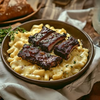 Mac & BBQ Ribs (Elbow pasta in creamy cheesy Alfredo sauce with BBQ ribs, 4 pces)