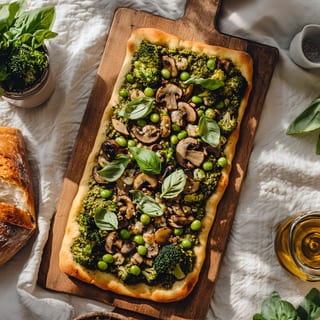 Vegan Flatbread (Pesto Sauce, Garlic, Edamame, Mushrooms, Broccoli, Basil)