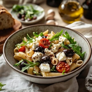 GF Feta Pasta Salad (Gluten Free Penne Pasta, Feta, Olives, Arugula, Basil, Garlic, Cherry Tomatoes, Balsamic Dressing)