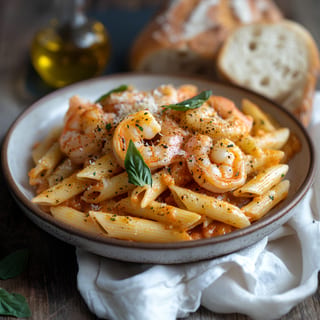 Shrimp Alla Rosa (Pasta, Garlic, Shrimp, Vodka Sauce, Basil)