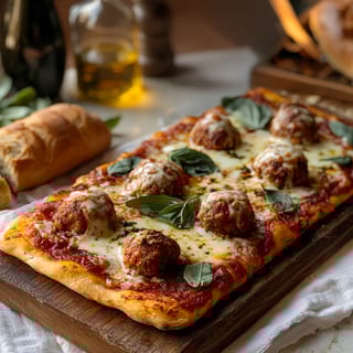 Meatball Mozzarella Flatbread (Tomato Sauce, Meatballs (3), Mozzarella, Basil)