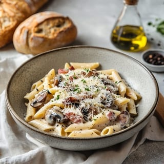 GF Carbonara (Gluten free Pasta, Pancetta, Alfredo Sauce, Mushrooms, Parmesan)