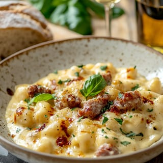 Sausage and Vodka Mac and Cheese (Elbow macaroni, cheesy Alfredo blend, sausage, tomato vodka cream sauce)
