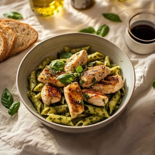 GF Chicken Pesto (Gluten Free Penne Pasta, Freshly Grilled Chicken, Pistou Sauce, Mozzarella, Cherry Tomatoes, Black Olives)