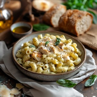 Chicken Pesto Mac and Cheese (Elbow macaroni, cheesy Alfredo blend, pesto, and chicken)